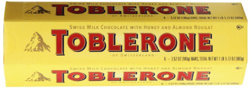 Toblerone Swiss Milk Chocolate with Honey and Almond Nougat,  6 - 100g Bars, Total Net Wt 600g