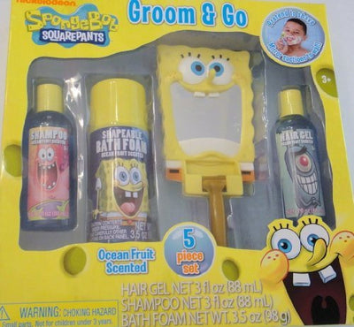 Spongebob Squarepants Groom & Go 5 Piece Bath Set - Shampoo, Bath Foam, Hair Gel, Mirror, Play Razor