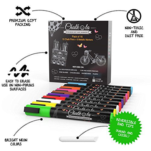 Liquid Chalk Markers & Metallic Colors by Chalkola - Pack of 16 Chalk Pens  - For