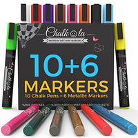 Liquid Chalk Markers & Metallic Colors by Chalkola | Pack of 16 chalk pens | For Chalkboard, Whiteboard, Blackboard, Window, Glass, Bistro | 6mm Reversible Bullet & Chisel Tip Erasable Ink